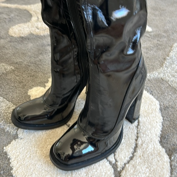 Black Knee High Block Heel Sock Boot - Picture 8 of 15